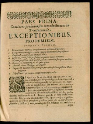 Pars Prima, Continens praeludia seu introductionem in Tractatum de Exceptionibus.