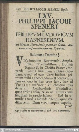 LXV. Philippi Iacobi Speneri ad Philippum Ludovicum Hannekenium