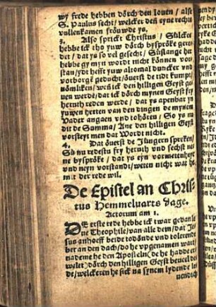 De Epistel an Christus Hemmeluarts dage. Actorum am 1. [Euangelion an Christus Hemmeluarts dage. Marci am 16. Cap.]
