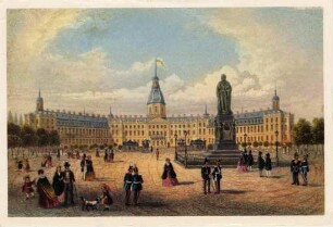 Postkartenalbum mit Motiven von Karlsruhe. Schloss mit Denkmal für Großherzog Karl Friedrich