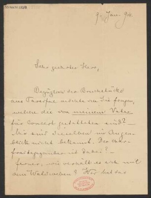 Brief an Ludwig Strecker  und B. Schott's Söhne : 09.01.1894