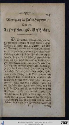 Widerlegung des fünften Fragments. Von der Auferstehungs-Geschichte.