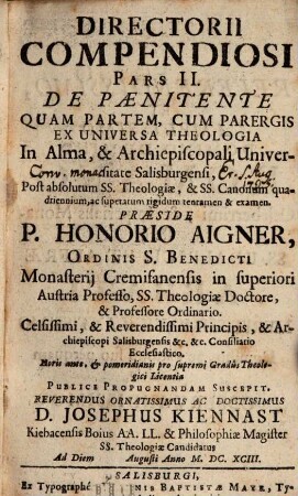 Directorii Compendiosi Pars II. De Pænitente