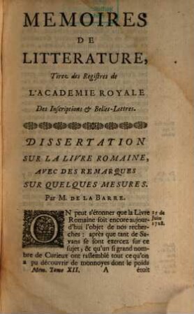 Mémoires de littérature tirez des registres de l'Académie Royale des Inscriptions et Belles Lettres : depuis ... jusq'à .... 12. 1736