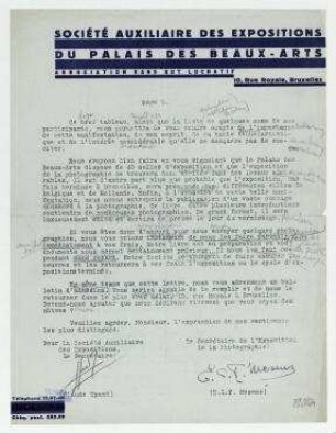 Brief von Claude Spaak und Edouard L. T. Mesens an Hannah Höch. Brüssel. Briefkopf: "SOCIETE AUXILAIRE DES EXPOSITIONS DU PALAIS DES BEAUX-ARTS".