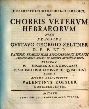 Dissertatio Philologico-Theologica De Choreis Veterum Hebraeorum
