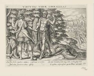 Virtutis Veræ Liberalitas, Blatt 17 aus: Benito Arias Montanus, "David hoc est virtutis exercitatissimae probatum deo spectaculum, ex David pastoris militis regis exulis ac prophetae exemplis", Antwerpen 1575