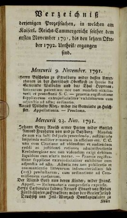 Verzeichniiß derjenigen Prozeßsachen, in welchen am Kaiserl. Reichs-Cammergericht seither dem ersten November 1791, bis den letzten Oktober 1792. Urtheil ergangen sind.