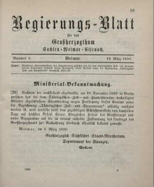 20. Ministerial-Bekanntmachung, den Staatsvertrag zwischen den bei dem Thüringischen Zoll- und Handelsvereine betheiligten Staaten wegen Fortsetzung dieses Vertrags unter der Bezeichnung „Thüringischer Zoll- und Steuerverein“ betreffend