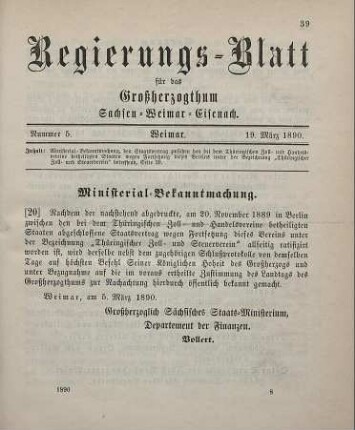 20. Ministerial-Bekanntmachung, den Staatsvertrag zwischen den bei dem Thüringischen Zoll- und Handelsvereine betheiligten Staaten wegen Fortsetzung dieses Vertrags unter der Bezeichnung „Thüringischer Zoll- und Steuerverein“ betreffend