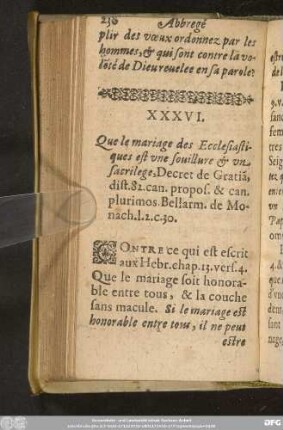 XXXVI. Que le mariage des Ecclesiastiques est une souillure & un sacrilege ...