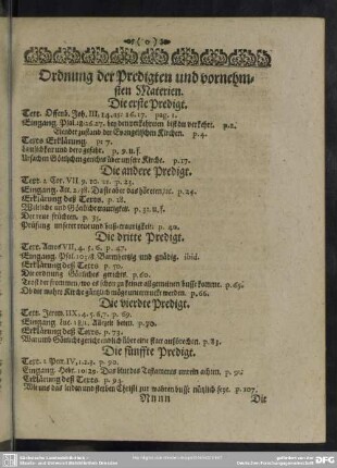 Ordnung der Predigten und vornehmen Materien