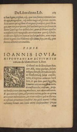 Ioannis Ioviani Pontani Ad Actium Syncerum de liberalitate Liber.