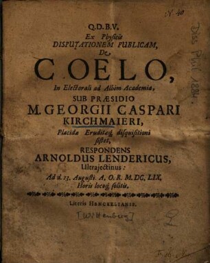 Ex Physicis Disputationem Publicam, De Coelo