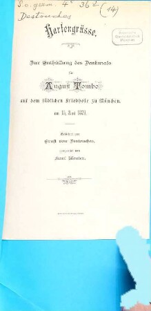 Harfengrüsse : zur Enthüllung des Denkmals für August Tombo auf dem südlichen Friedhofe zu München am 15. Juni 1879