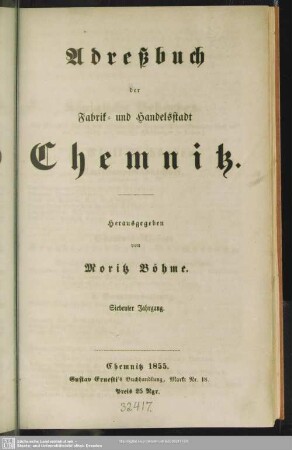 7.1855: Adressbuch der Fabrik- und Handelsstadt Chemnitz : ein Wegweiser für Einheimische u. Fremde