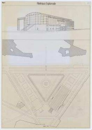 Wettbewerb Filmhaus Esplanade (nicht realisiert), Engere Wahl – Lageplan, Perspektivansicht. Berlin-Tiergarten, Potsdamer Platz 2