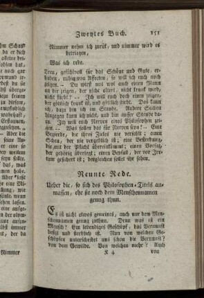 Neunte Rede. Ueber die, so sich des Philosophen-Titels anmassen, ehe sie noch dem Menschennamen genug thun