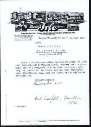 2 Firmenbriefköpfe Irle, Friedrich, Bierbrauerei und Kornbranntwein - Brennerei