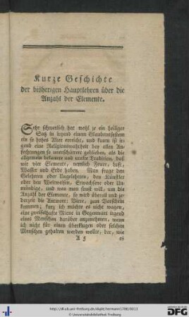 Kurze Geschichte der bisherigen Hauptlehren über die Anzahl der Elemente.