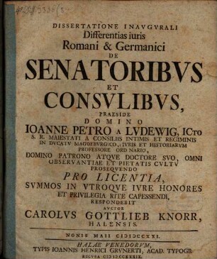 Dissertatione inaug. differentias iuris Romani et Germanici de senatoribus et consulibus