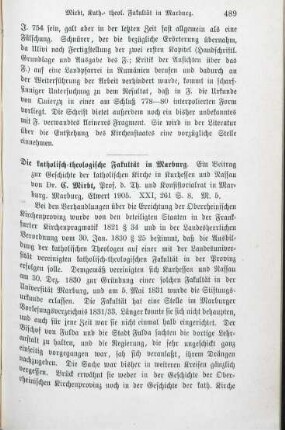 489-490 [Rezension] Mirbt, Carl, Die katholisch-theologische Fakultät zu Marburg