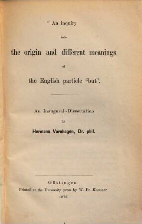 An inquiry into the origin and different meanings of the English particle "but"