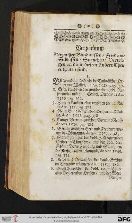 Verzeichnuß derjenigen Bündussen / Friedens-Schlüssen / Sprüchen / Verträgen / u. die in diesem anderen Theil enthalten sind