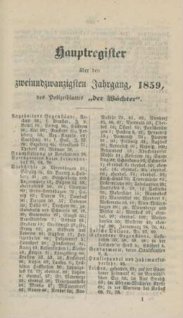 Hauptregister über den zweiundtwanzigsten Jahrgang, 1859, des Polizeiblattes "der Wächter"