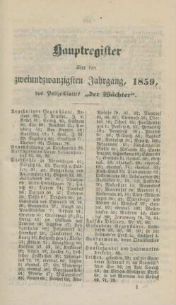 Hauptregister über den zweiundtwanzigsten Jahrgang, 1859, des Polizeiblattes "der Wächter"