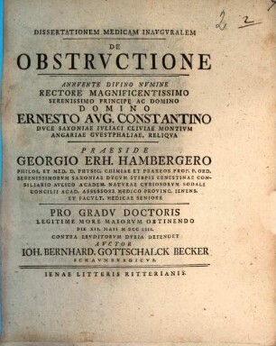 Dissertationem Medicam Inavgvralem De Obstrvctione