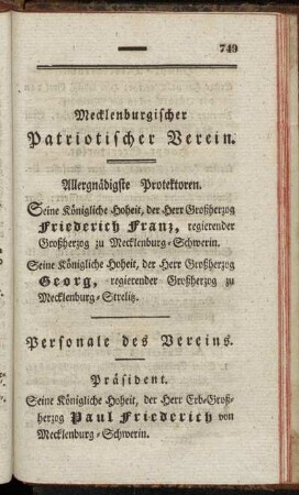 Mecklenburgischer Patriotischer Verein. Allergnädigste Protektoren. - Mitglieder de ehemaligen Districte.