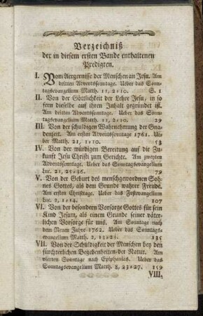 Verzeichniß der in diesem ersten Bande enthaltenen Predigten.