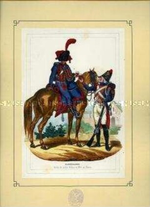 Uniformdarstellung, Gardist der Leichten Artillerie zu Pferd und Veteran der Kaisergarde stoßen mit Rotwein an, Frankreich, 1804. Aus: Bellangé: Die Soldaten der französischen Republik und des Kaiserreichs.