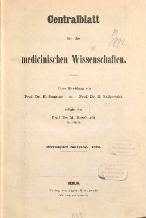 Centralblatt für die medicinischen Wissenschaften. 30. 1892