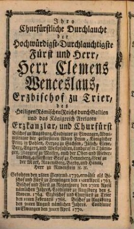 Des Hohen Erz-Stifts und Churfürstenthums Trier Hof-, Staats- und Stands-Kalender. 1781, 1781