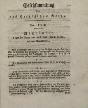 113. Regulativ wegen der Lager von ausländischem Wein, vom 14. November 1834.