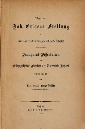 Ueber des Joh. (Scotus) Erigena Stellung zur mittelalterlichen Scholastik und Mystik