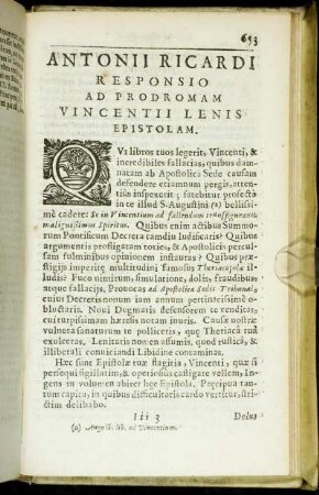 Antonii Ricardi Responsio Ad Prodromam Vincentii Lenis Epistolam.