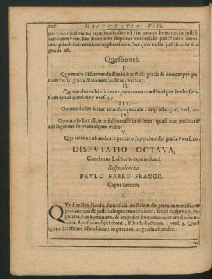 Disputatio Octava. Respondente Paulo Fabro Franco