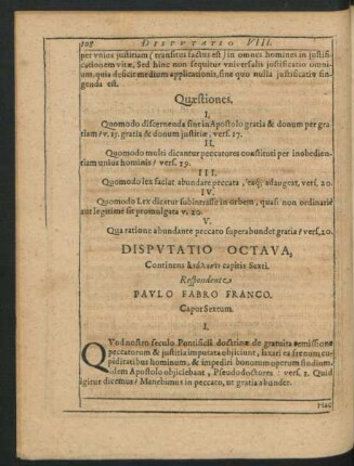 Disputatio Octava. Respondente Paulo Fabro Franco