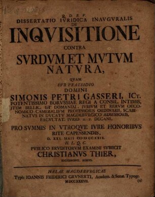 Diss. iur. inaug. de inquisitione contra surdum et mutum natura