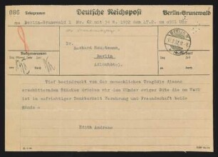 Brief von Edith Andreae an Gerhart Hauptmann