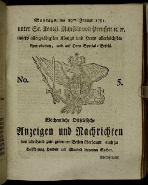 No. 5. Montags, den 29ten Januar 1781.