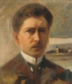 Selbstbildnis Otto Wiegk (1872-1914), aus der Klause der St. Lukas-Zunft Coburg. Rückseitig: Landschaftsskizze