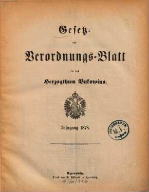 Gesetz- und Verordnungsblatt für das Herzogtum Bukowina. 1878, 1878