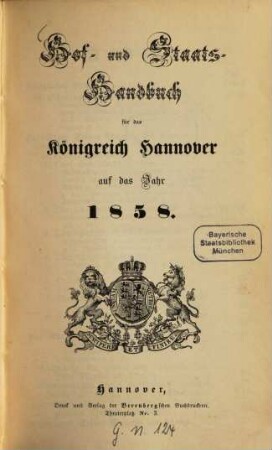 Hof- und Staatshandbuch für das Königreich Hannover. 1858