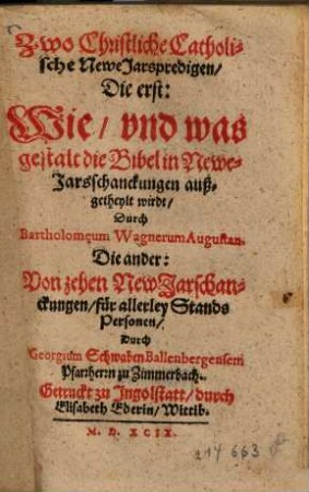 Zwo Christliche Catholische Newe Jarspredigen