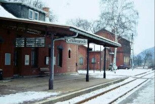 Bahnhof: Rückansicht mit Überdachung des Bahnsteiges und Gleisanlagen