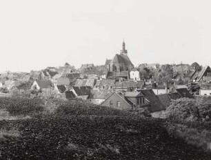 Mansfeld, Stadtansicht mit Stadtkirche von Nordosten von einer Halde des Kupferschieferbergbaus